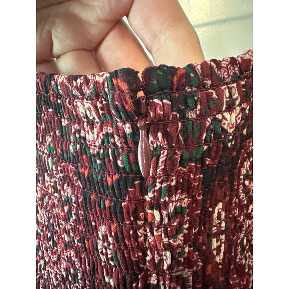 Cara Cara Burgundy Floral Print Tiered Midi Dress With Ruched Sleeves Size Large - Picture 5 of 9